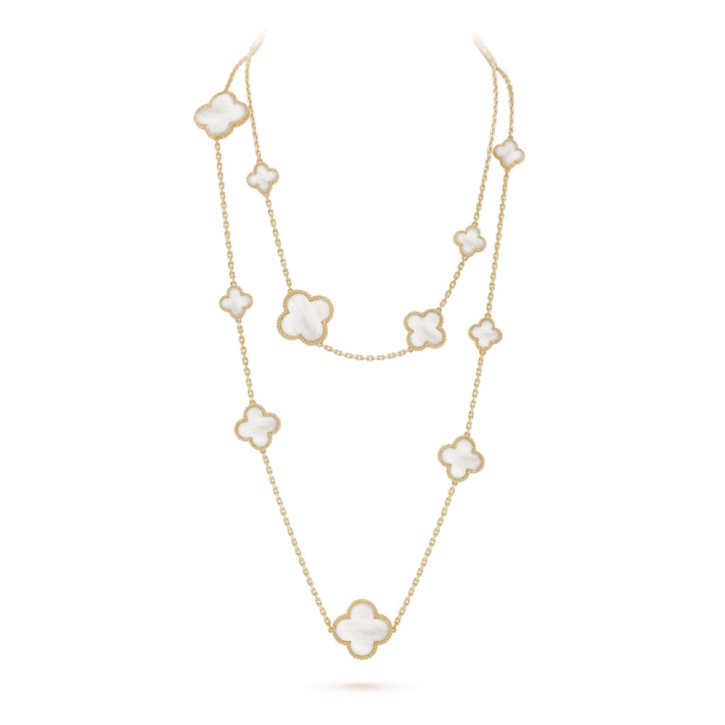 ??MIRA?¡¥CLOVER 16 MOTIF WHITE MOP GOLD NECKLACE