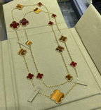 ??MIRA?¡¥CLOVER 16 MOTIF CARNELIAN TIGER EYE ROSE GOLD NECKLACE