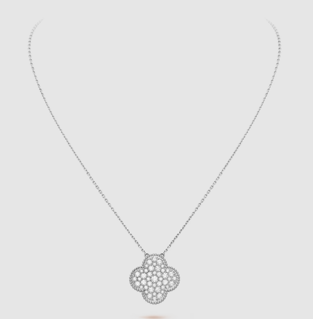 ??MIRA?¡¥CLOVER 25MM LARGE PENDANT DIAMOND PAVED SILVER NECKLACE