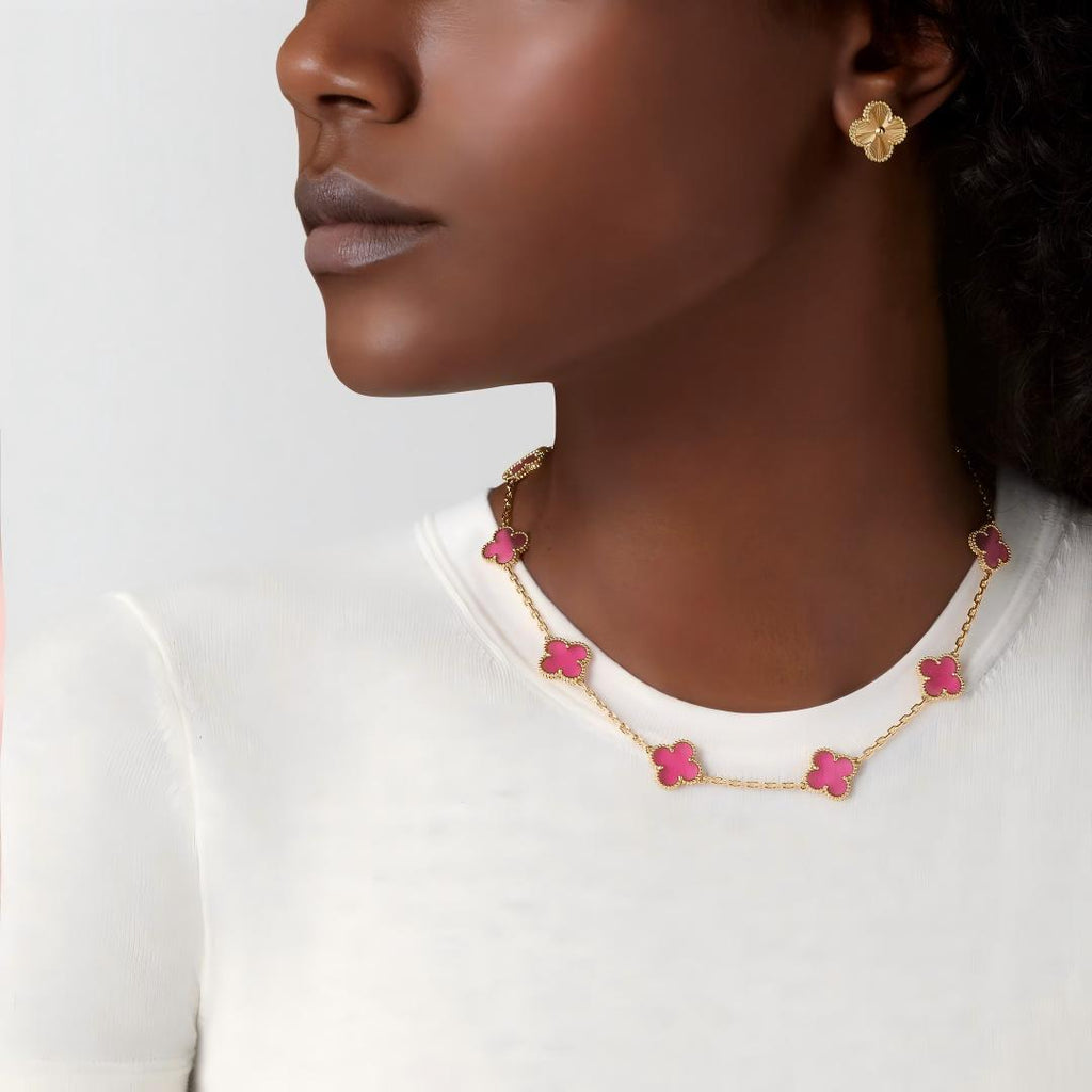 [MIRA] NEW CLOVER 10 MOTIFS PINK ENAMEL NECKLACE