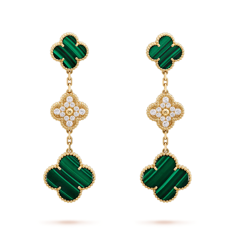 ??MIRA?¡¥CLOVER EARRINGS GOLD MALACHITE DIAMOND 3 MOTIF