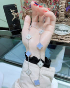 ??MIRA?¡¥CLOVER 10 MOTIFS CHALCEDONY DIAMONDS SILVER NECKLACE